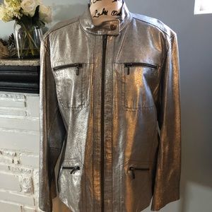 Silver Metallic Zip Front Leather Jacket